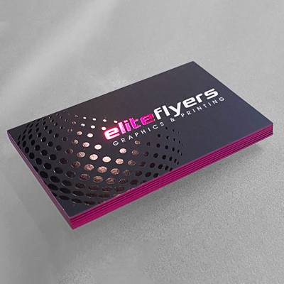 Pink Foil Edge Business Cards Printed on 48pt Velvet Card Stock with Black and Pink Foil Stamping