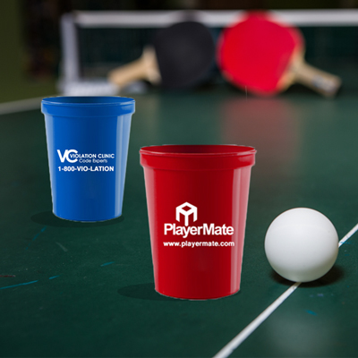 Sticker Beer pong. Red plastic cups and orange tennise ball over black 