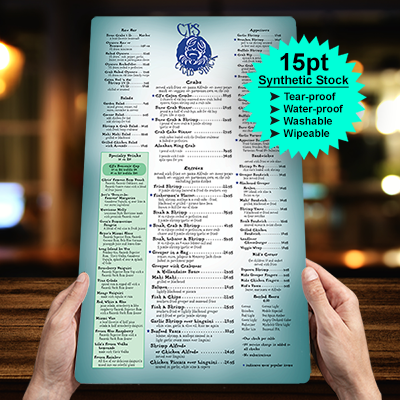 restaurant menu printing, waterproof menus, wholesale menu printing