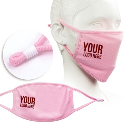 light pink face mask screen printed with company logo